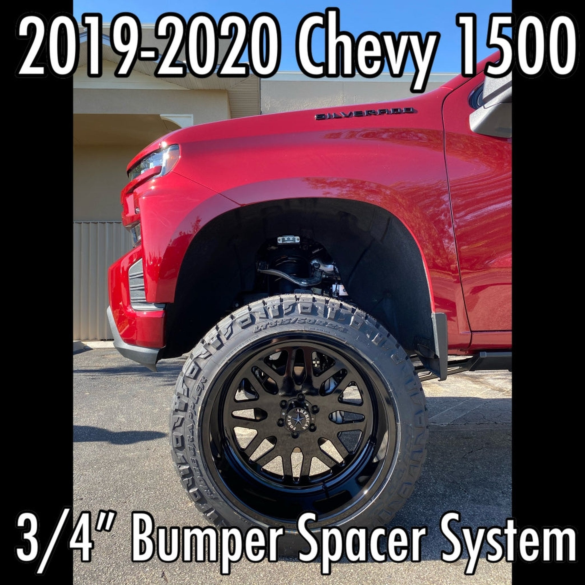 2019+ Chevy Silverado 1500 with 3/4" front bumper spacer kit installed — bolt-on, no-cut tire clearance