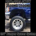 2011-2014 Chevy Silverado 2500HD/3500HD with 3/4" front bumper spacer kit installed — bolt-on, no-cut tire clearance