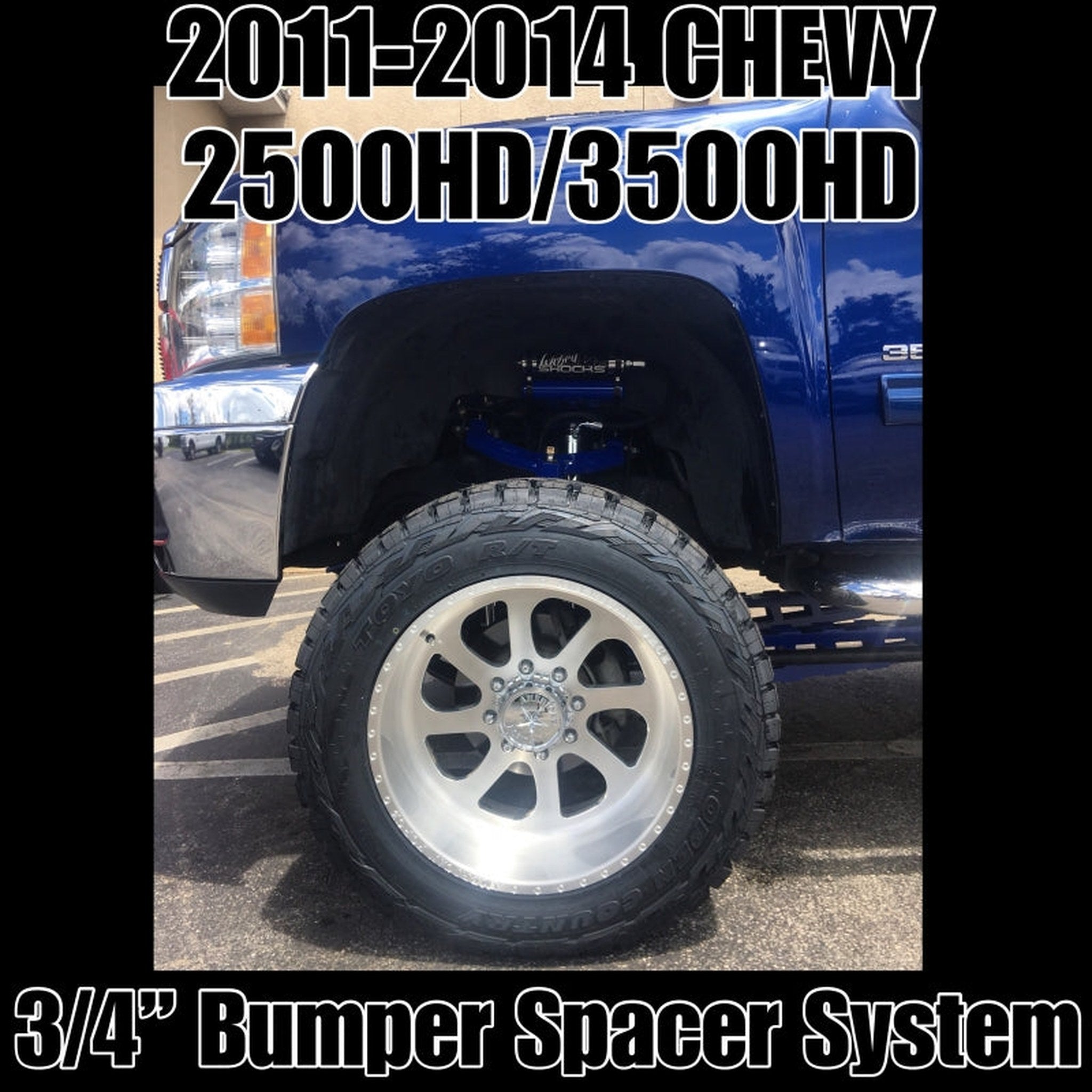 2011-2014 Chevy Silverado 2500HD/3500HD with 3/4" front bumper spacer kit installed — bolt-on, no-cut tire clearance