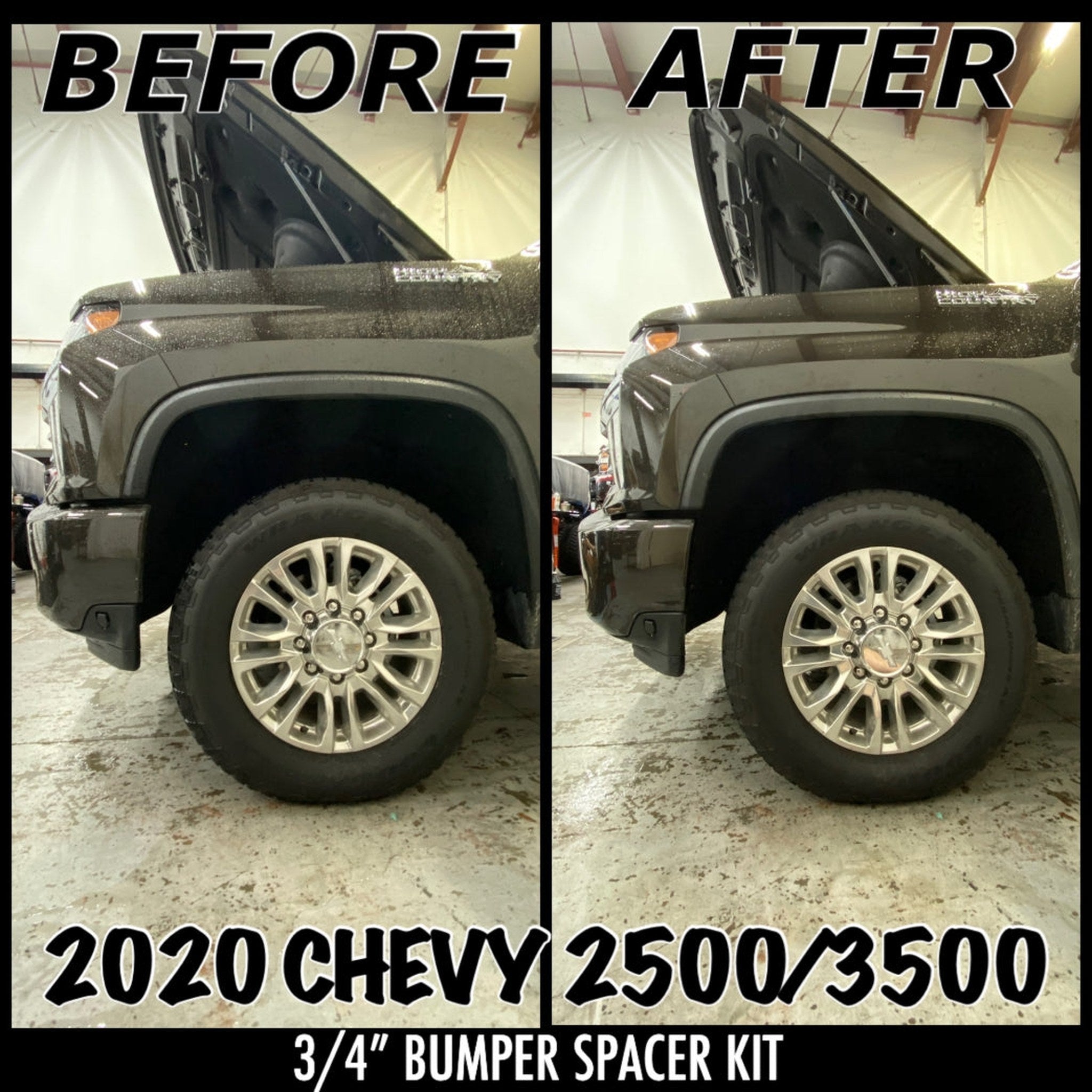 2020+ Chevy Silverado 2500HD/3500HD with 3/4" front bumper spacer kit installed — bolt-on, no-cut tire clearance