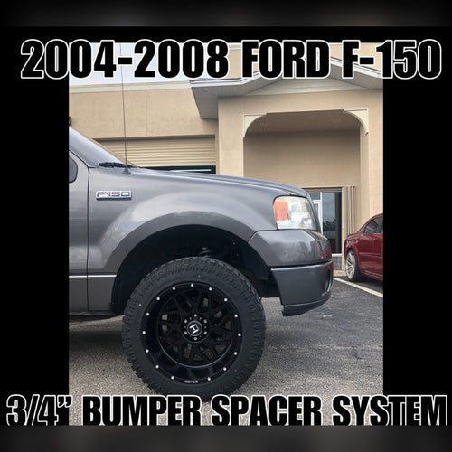 2004-2008 Ford F-150 with 3/4" front bumper spacer kit installed — bolt-on, no-cut tire clearance