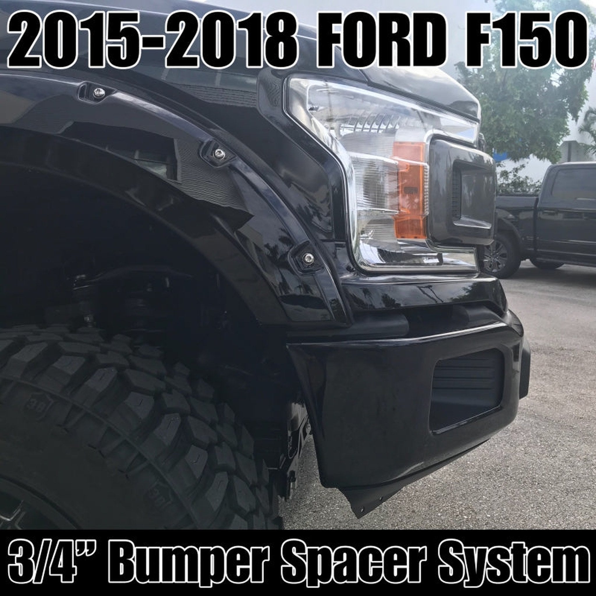 2015-2020 Ford F-150 with 3/4" front bumper spacer kit installed — bolt-on, no-cut tire clearance