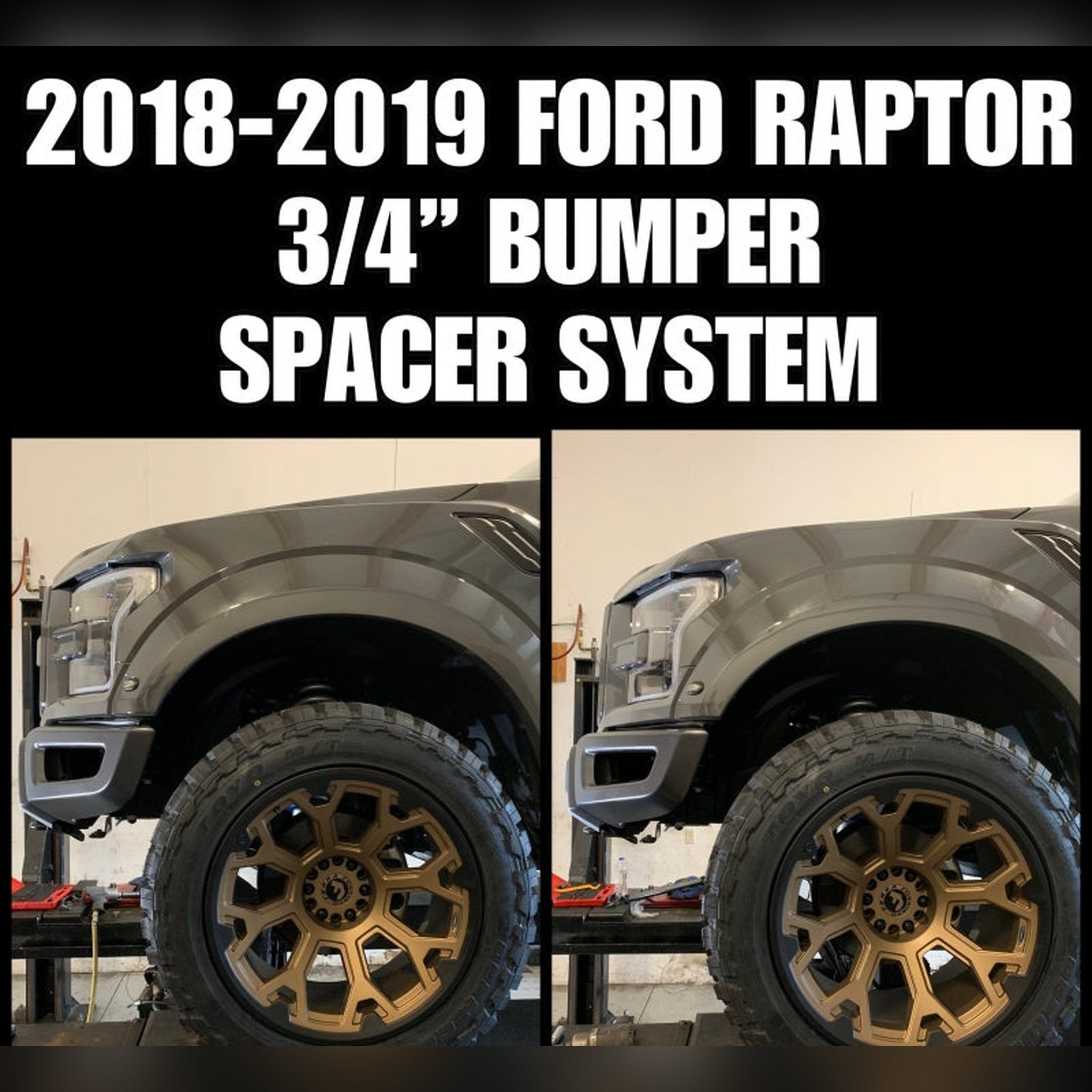 2018-2020 Ford F-150 Raptor with 3/4" front bumper spacer kit installed — bolt-on, no-cut tire clearance