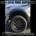 1999-2016 Ford Super Duty F-250/350/450 with 1" front bumper spacer kit installed — bolt-on, no-cut tire clearance