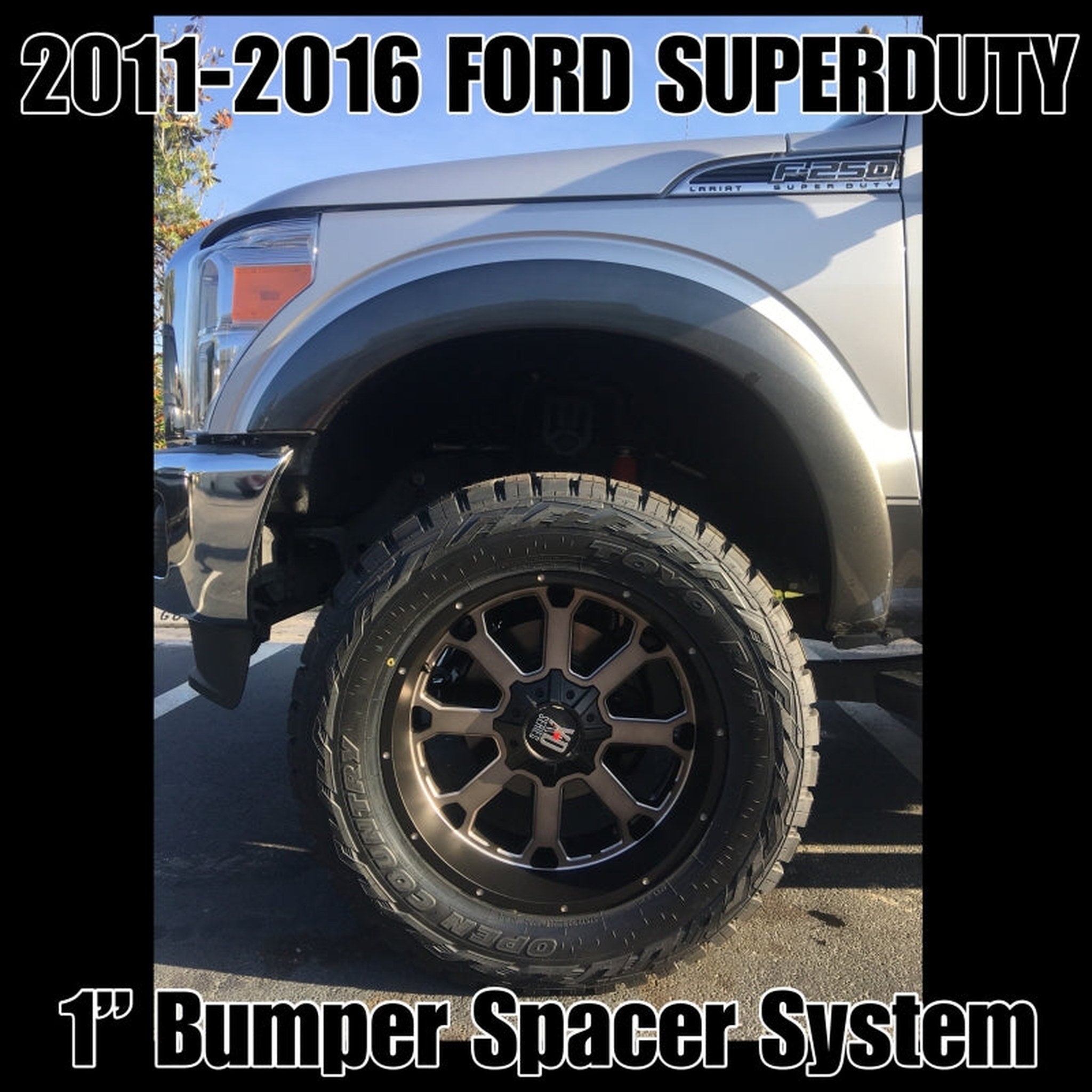 1999-2016 Ford Super Duty F-250/350/450 with 1" front bumper spacer kit installed — bolt-on, no-cut tire clearance