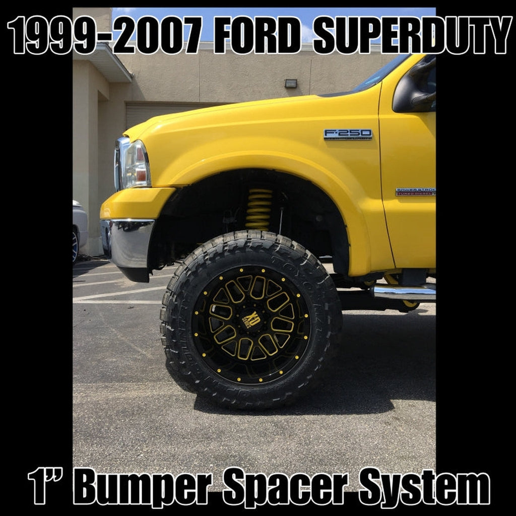 1999-2016 Ford Super Duty F-250/350/450 1" front bumper spacer kit — installed view 2 showing bumper and tire clearance