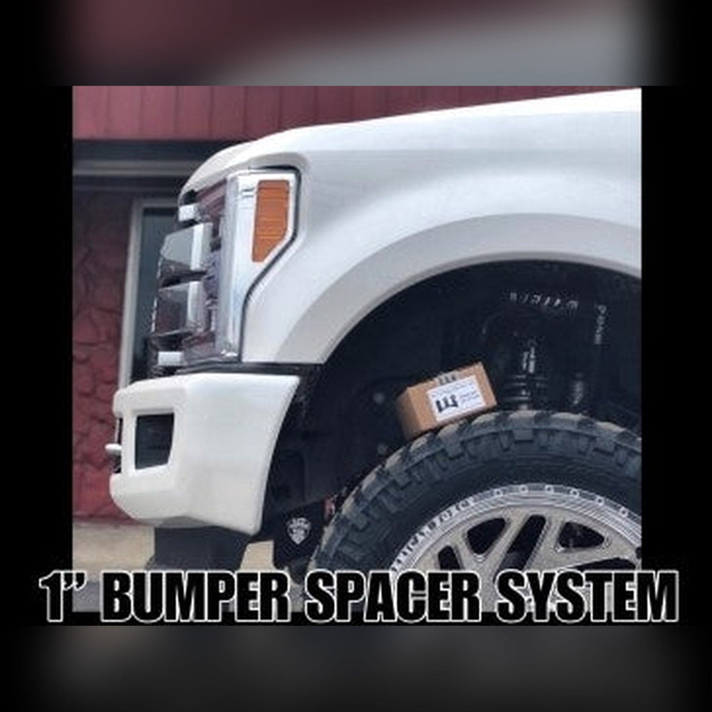 2017+ Ford Super Duty F-250/350/450 with 3/4", 1" & 1.375" front bumper spacer kit installed — bolt-on, no-cut tire clearance