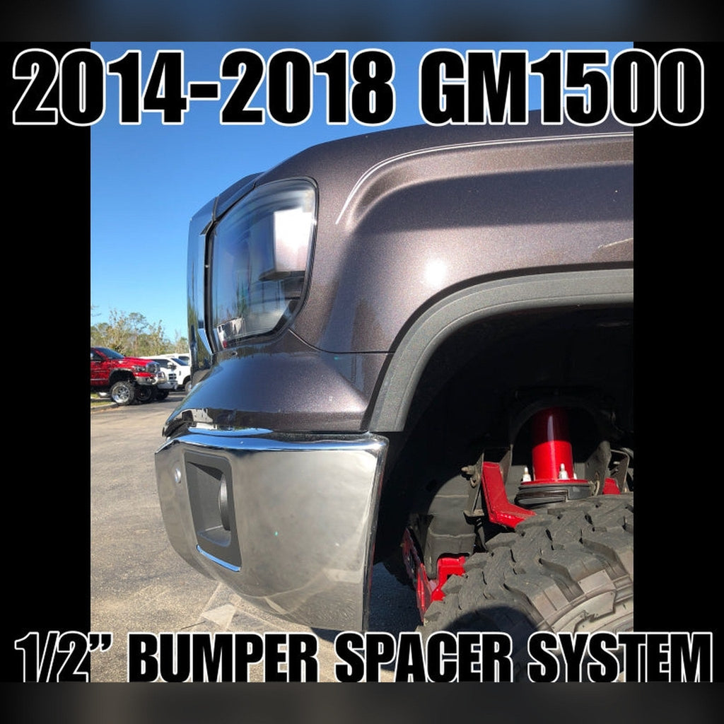 2014-2018 GMC Sierra 1500 with 1/2" front bumper spacer kit installed — bolt-on, no-cut tire clearance