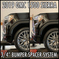 2019+ GMC Sierra 1500 with 3/4" front bumper spacer kit installed — bolt-on, no-cut tire clearance