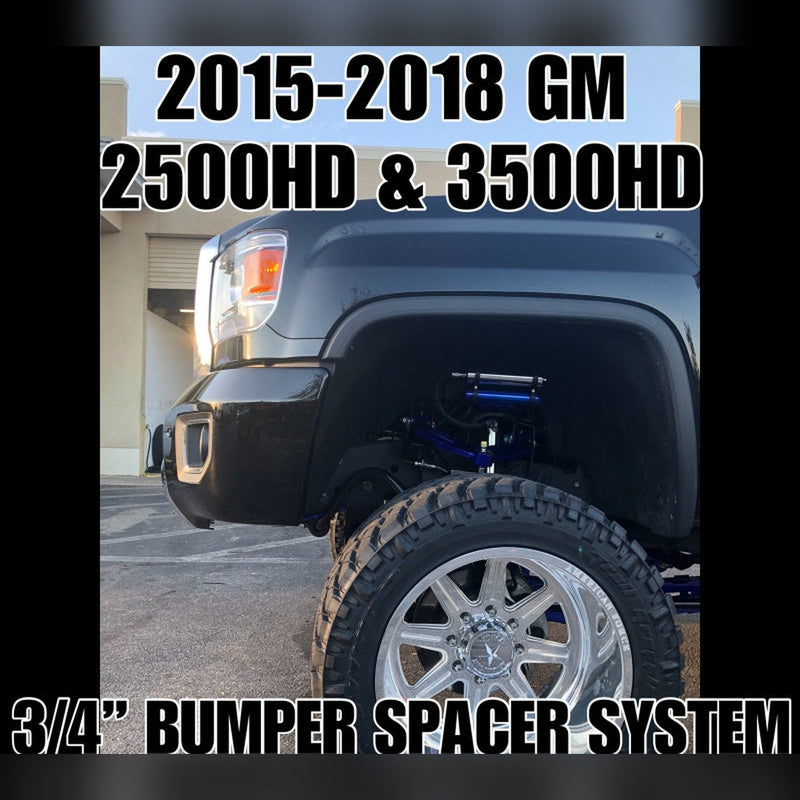 2015-2019 GMC Sierra 2500HD/3500HD with 3/4" front bumper spacer kit installed — bolt-on, no-cut tire clearance