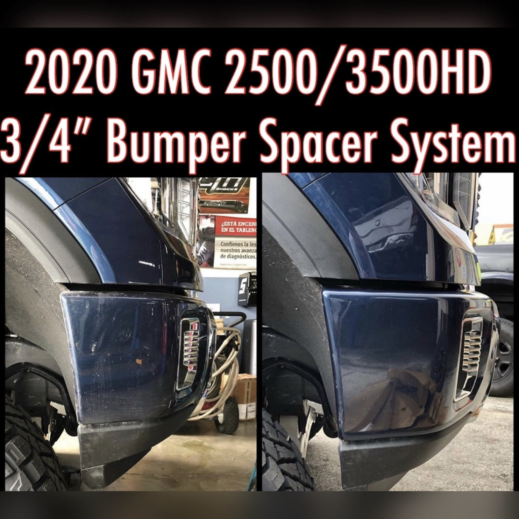 2020+ GMC Sierra 2500HD/3500HD with 3/4" & 1.25" front bumper spacer kit installed — bolt-on, no-cut tire clearance