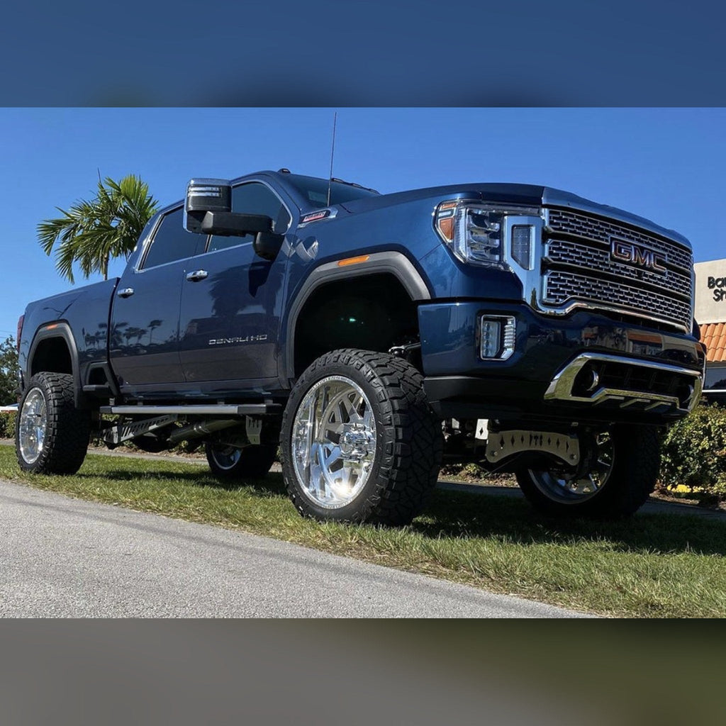 2020+ GMC Sierra 2500HD/3500HD 3/4" & 1.25" front bumper spacer kit — installed view 2 showing bumper and tire clearance