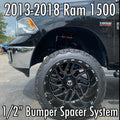 2013-2018 Ram 1500 with 1/2" front bumper spacer kit installed — bolt-on, no-cut tire clearance