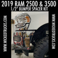 2019+ Ram 2500/3500 with 1/2" front bumper spacer kit installed — bolt-on, no-cut tire clearance