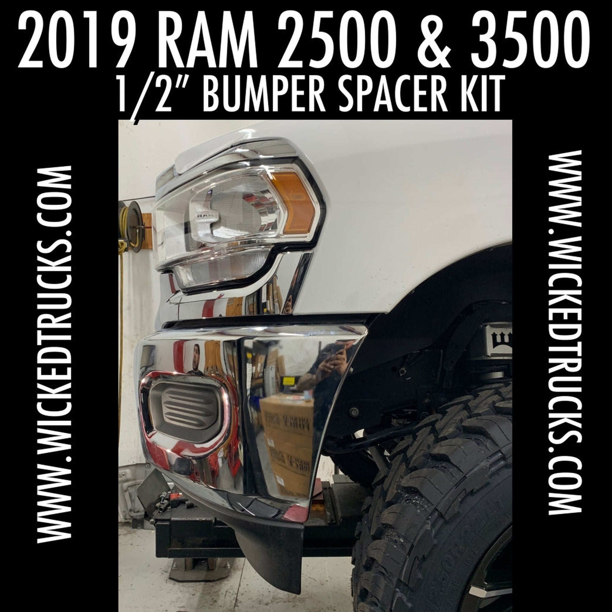 2019+ Ram 2500/3500 with 1/2" front bumper spacer kit installed — bolt-on, no-cut tire clearance